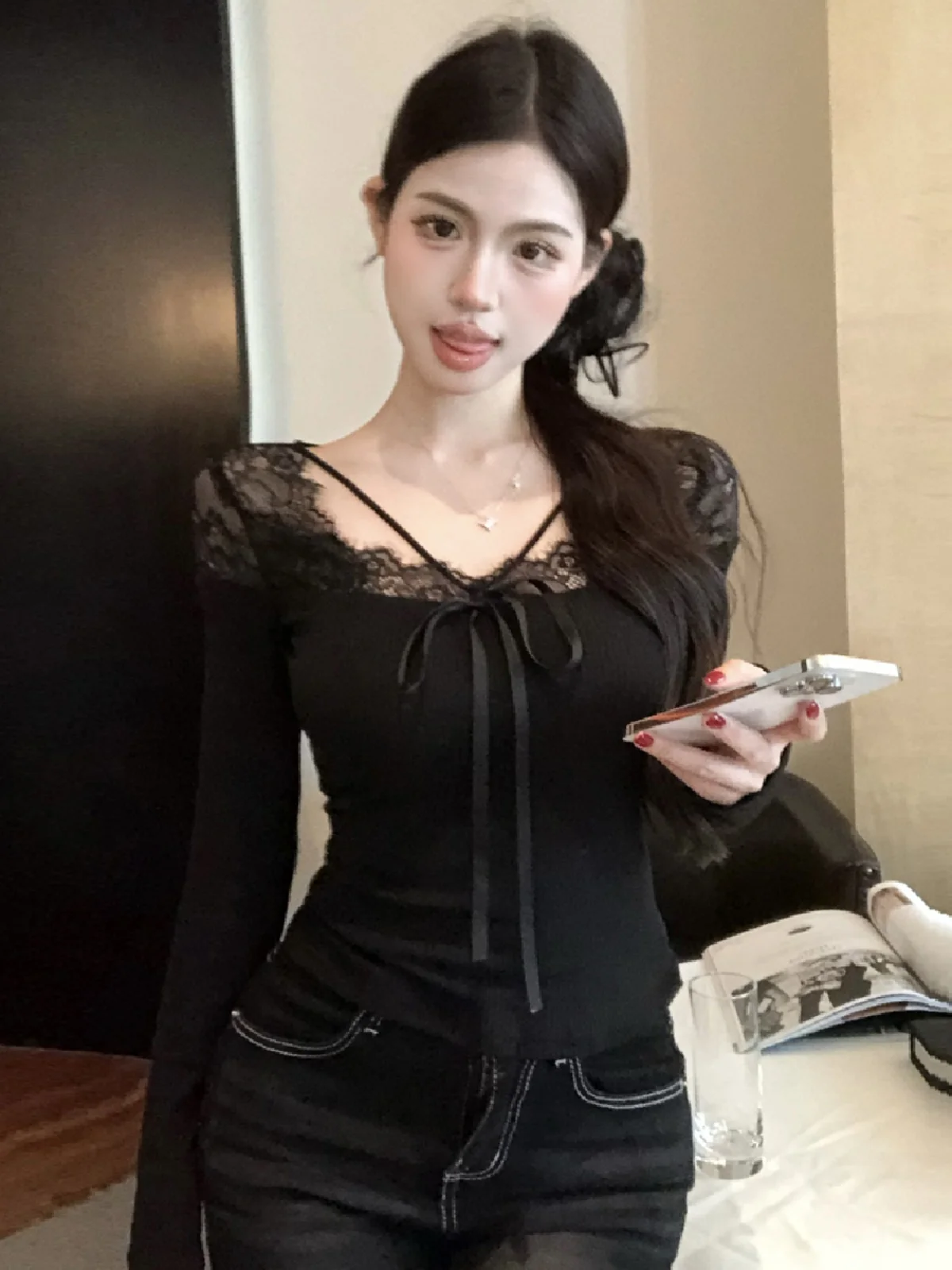 مثير الدانتيل طويل Sve قاعدة irt تي شيرت الكورية Sle التخسيس العصرية ملابس داخلية أعلى الرغبة النقية تنوعا Boting تانك القمم