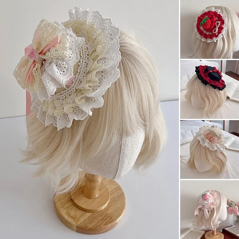 Handmade Lolita Strawberry Cake Top Hat Lace Bow Women Hat Tea Party Classic Hair Clip Hat Princess Hairpin Birthday Photo Prop