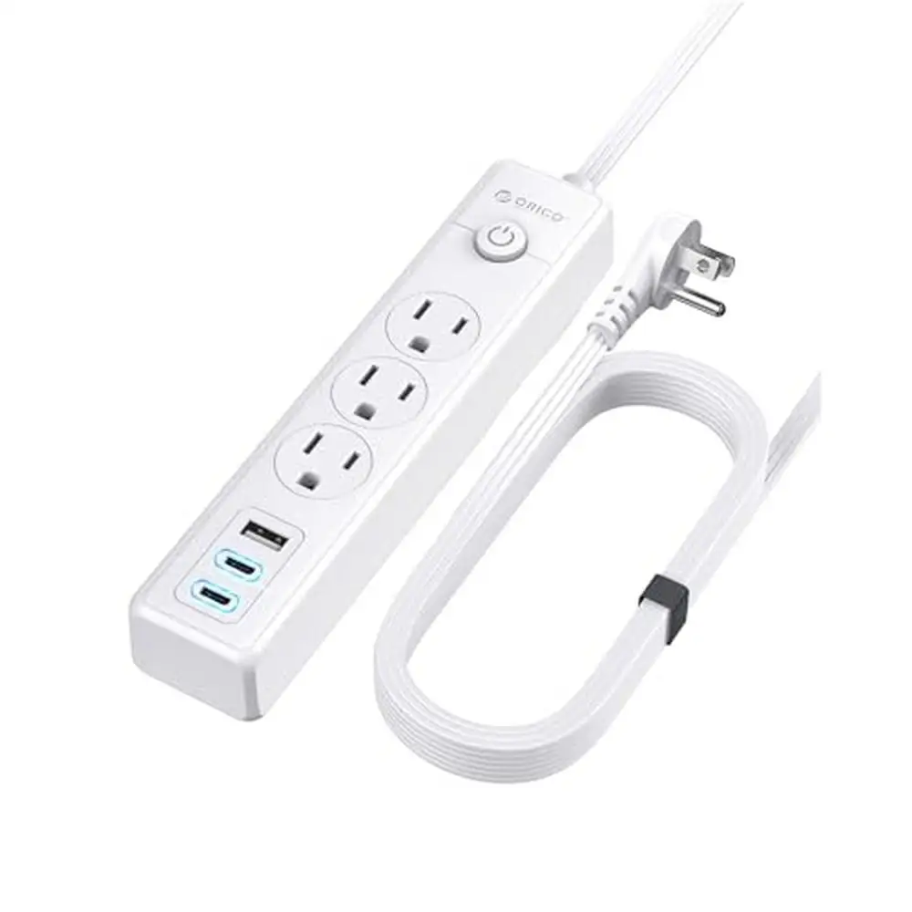 3-Outlet Flat Extension Cord with USB Ports 25ft Power Strip Ultra-Thin Design 3 USB-A & 2 USB-C Ports 15.5W Overload Protection