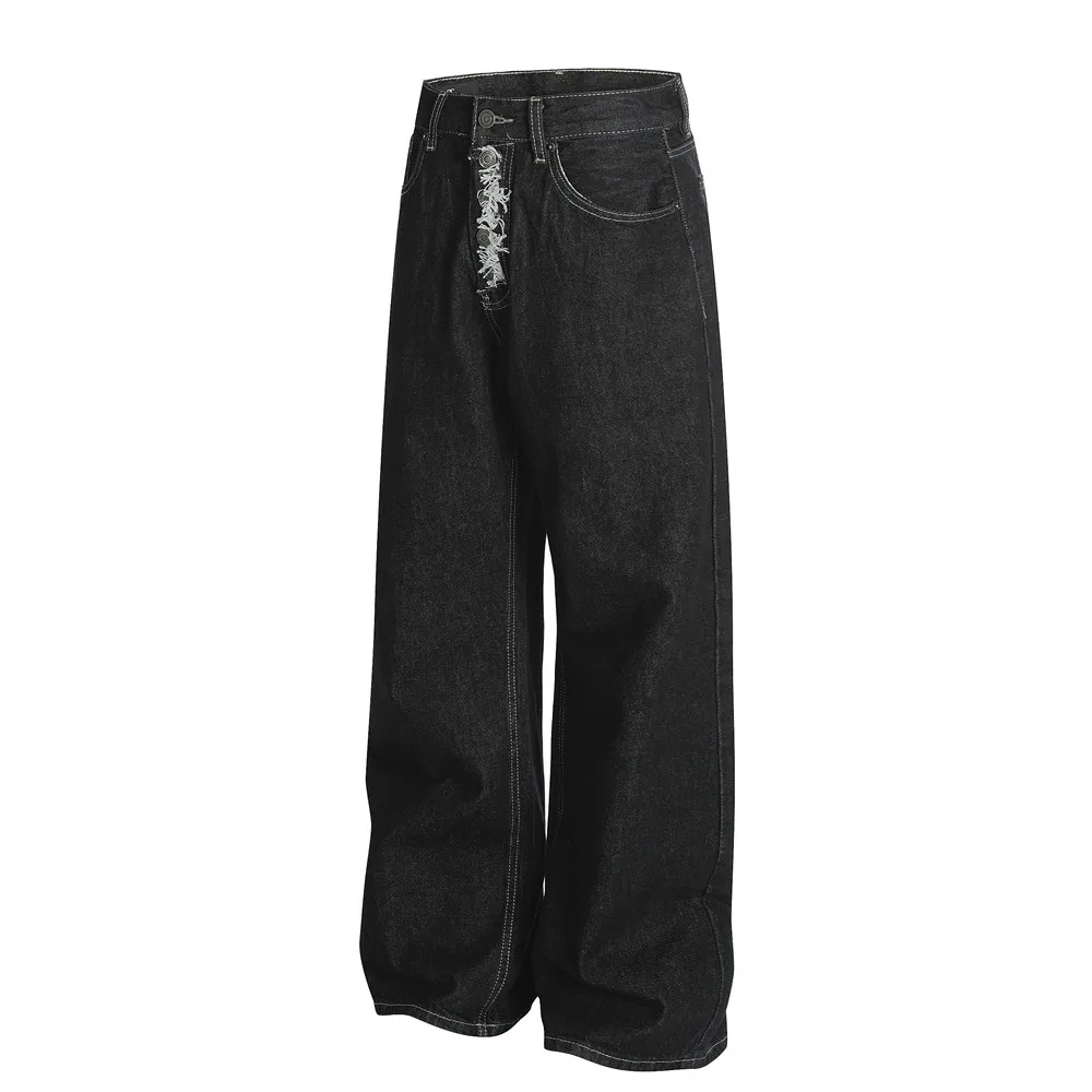 Einreihige dunkle Jeans für Herren, einfarbig, High Street, lockere Denim-Hosen mit geradem Bein und weitem Bein für Herren – Detail 4