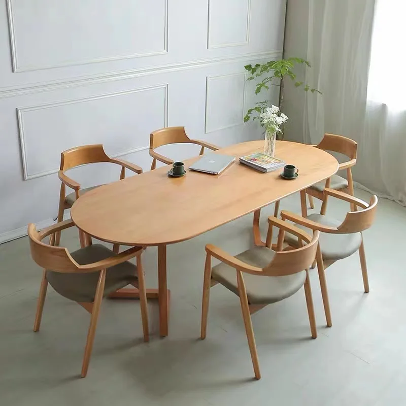 

Nordic simple oval solid wood dining table, log conference table, desk, casual café negotiation table, tea table