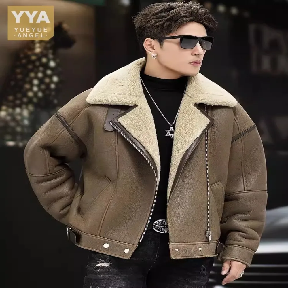 

Luxury Winter Mens Warm Wool Lining Coat Business Casual Sheepskin Genuine Leather Real Fur Jacket Natural Shearling Overcoat