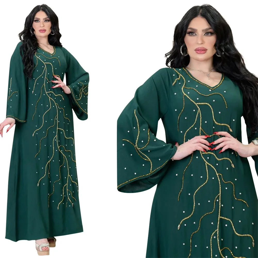 Muslim Middle East Saudi Arabia Dress Rhinestones Beading Loose Robes Flare Sleeves Dubai Abaya Turbante Mujer Elegante