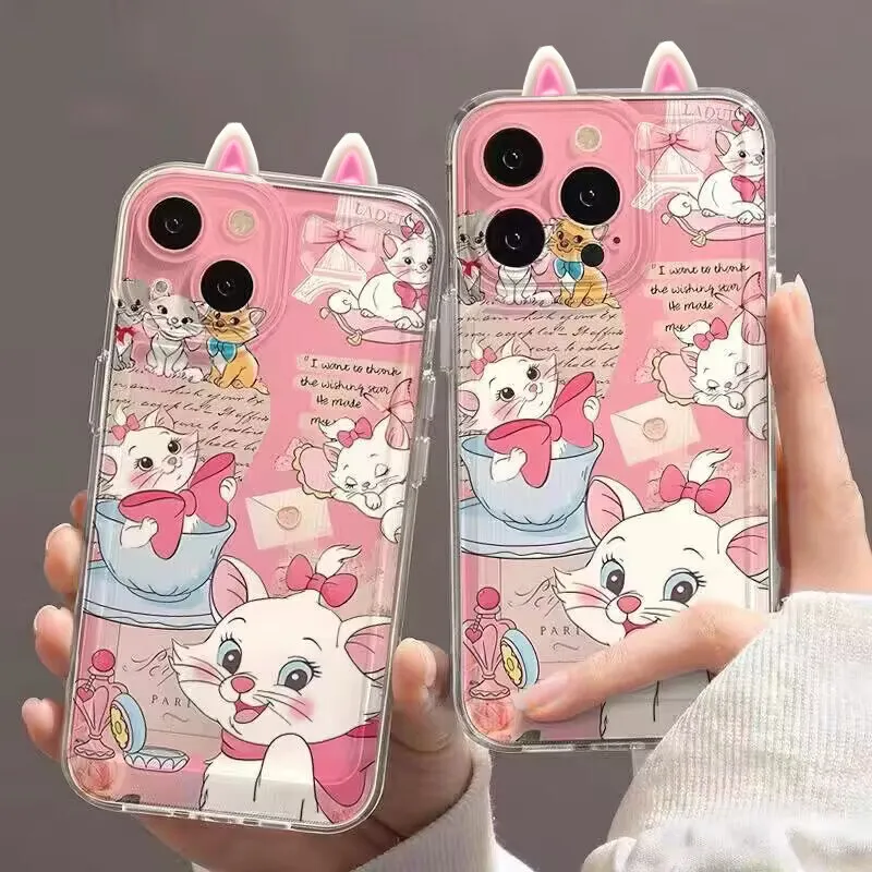 3D Marie Cat Ear Phone Case For Samsung Galalxy S25 S23 S24 S20 S21 S22 S10 Plus Ultra S21 S24 FE S24+ Cartoon Clear Casing