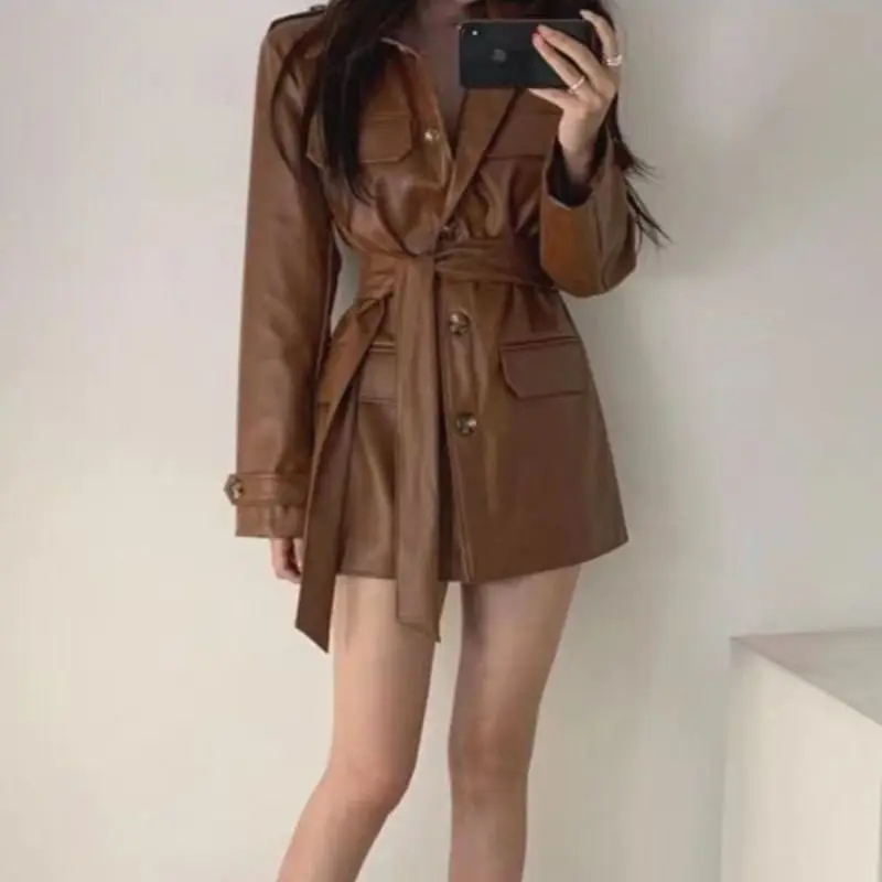 Korean Version of Chic Niche Versatile Waist Mid-length Handsome Motorcycle Leather Jacket Women' Autumn Winter Long-sleeved Top