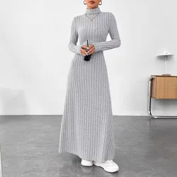 Fashion slim a-line Maxi Dress for Women autumn winter Solid turtleneck collar Bodycon Dress long sleeve elastic Knitted Dresses