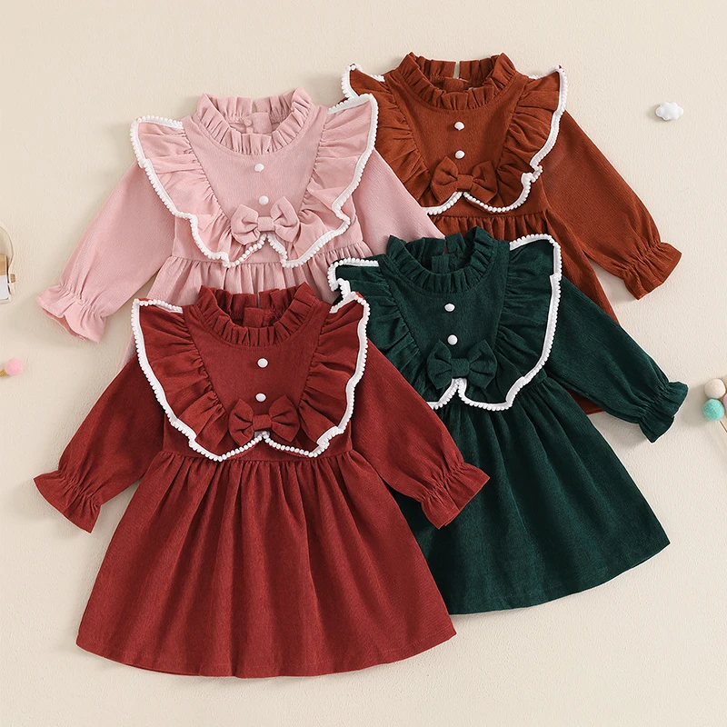 Children\'s Clothing Kids Girls Princess Dresses Elegant Ruffles Long Sleeve Bowknot Party A-line Dress