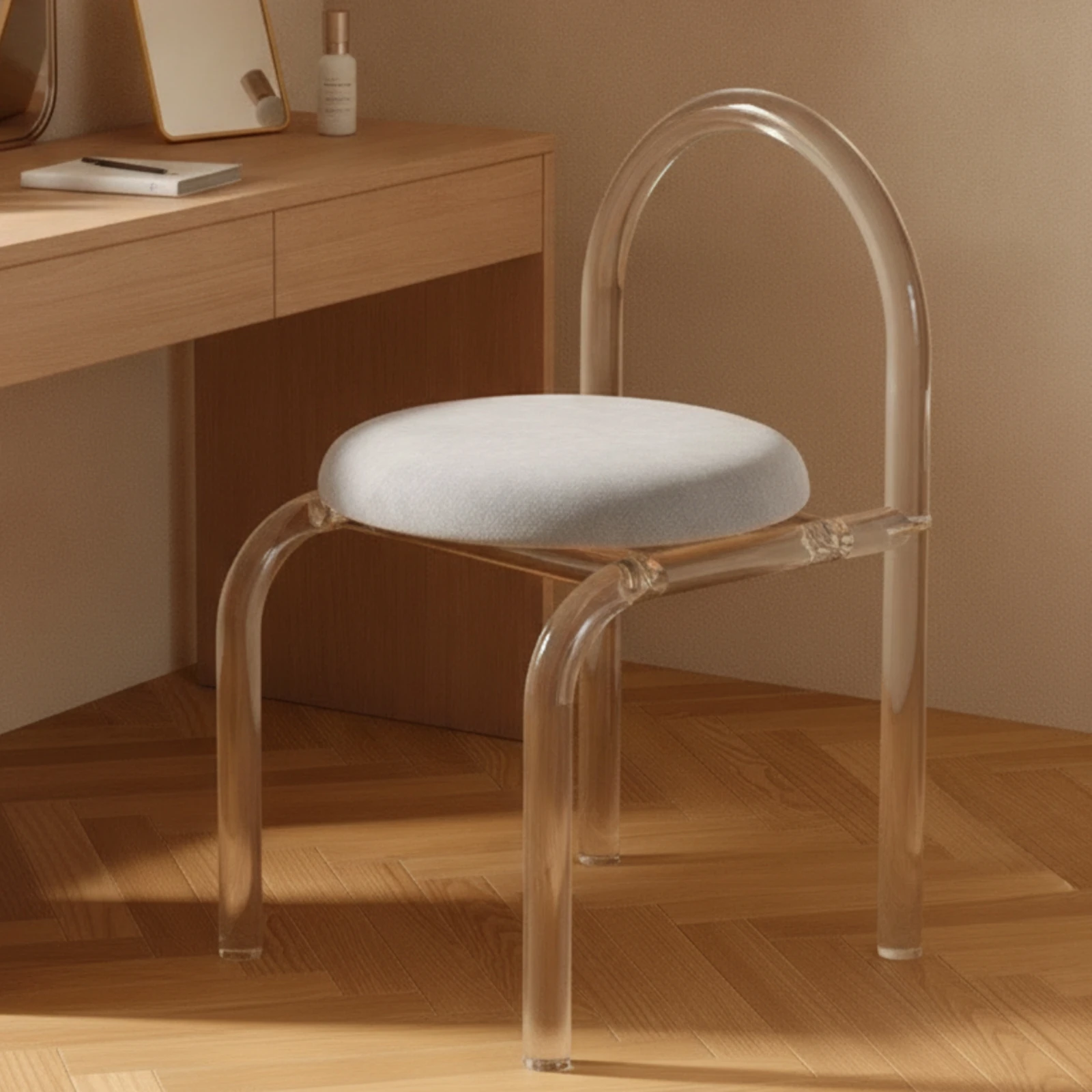 Clear Acrylic Vanity Chair with Padded Seat Lightweight Velvet Upholstered Chair with Cylindrical Legs Long-Lasting Space-Saving