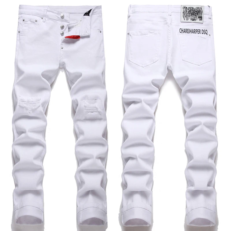 Jeans Charharper slim branco para homens, jeans rasgado de algodão, pequeno buraco capital, quatro estações, lazer, design italiano, 1333