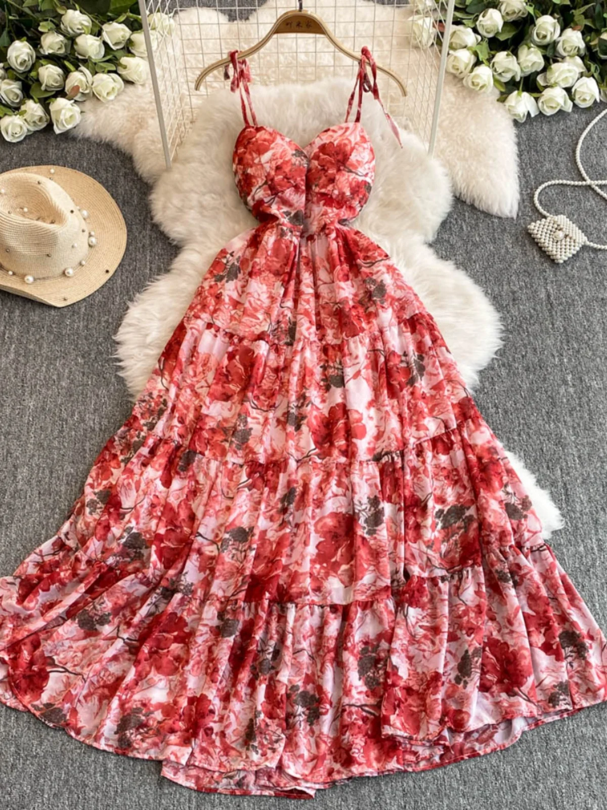 Chic Fashion V-neck Suspender Dress Women's Summer Vacation Wear Ruffle Edge Floral Chiffon Slim Long Dress Boho Beach Party