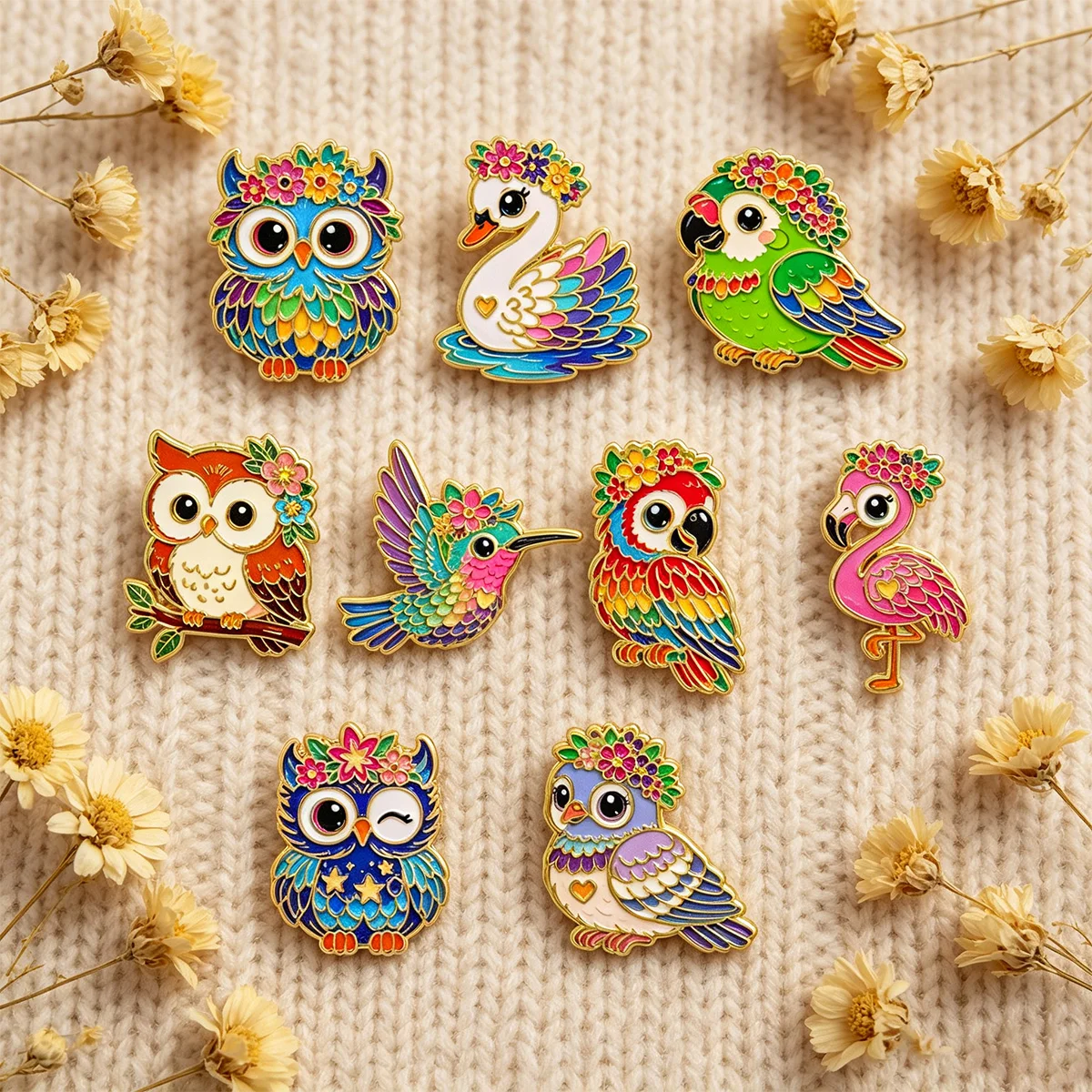 9-teiliges Set Bunte Blumen-Vogel-Eulen-Emaille-Pins Niedliche Papageien-Flamingo-Metall-Anstecknadeln Schmuck Kleidung Rucksack Accessoires Geschenke – Detail 4
