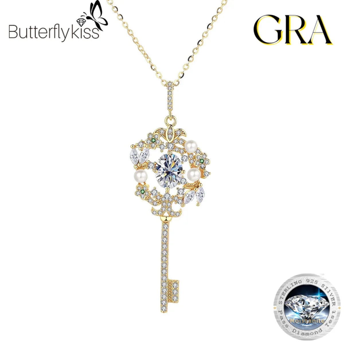 

Butterflykiss Original 925 Sterling Silver Luxury Key Moissanite Necklace Diamond Test 1.5CT Oval Clavicle Chain Women Jewelry