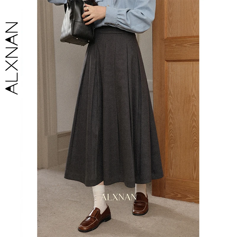 

ALXNAN Gray Pleated Skirts Solid Academic Style Loose Fit Skirt Autumn New Casual Versatile Gentle Commuting Long Skirts L57329