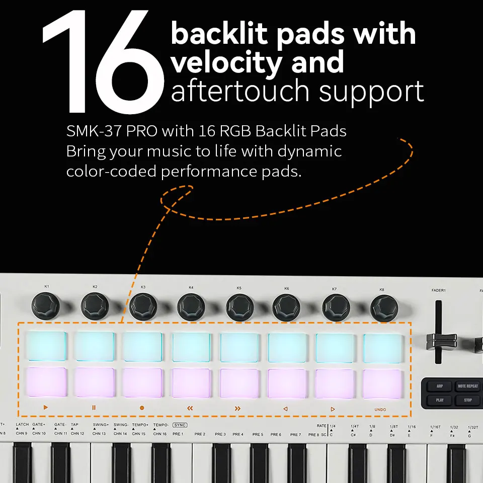 M-VAVE SMK-37 PRO Teclado MIDI de 37 teclas, almohadillas de batería, fuente de sonido, teclado 16 RGB, compatible con conexión inalámbrica con múltiples sistemas