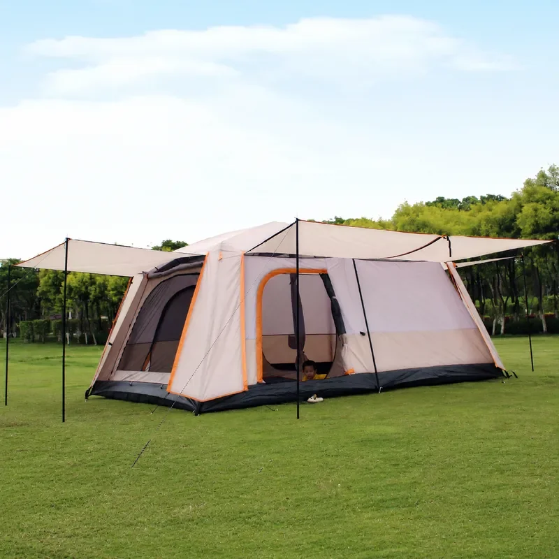 Large Outdoor Camping Tent for 8-12 People Rainproof Portable Family Tent with Mosquito Net Canopy for Picnic Shading