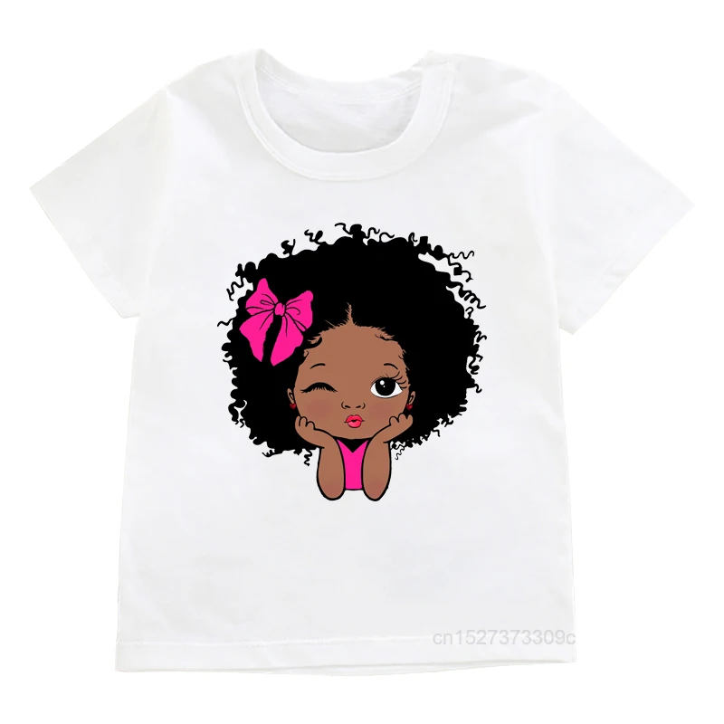 Cute African Girls Graphic Print T-shirts Crown Bowknot Black Princess Design For Girl Tee Tops Kids Comfortable Fitting Clothes