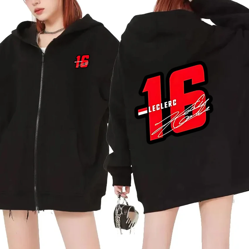 Hot sale Number 16 Charles Leclerc Racer Double Sided Print Zipper Hoodie Men Women vintage Jacket Coat Unisex Fleece Sweatshirt