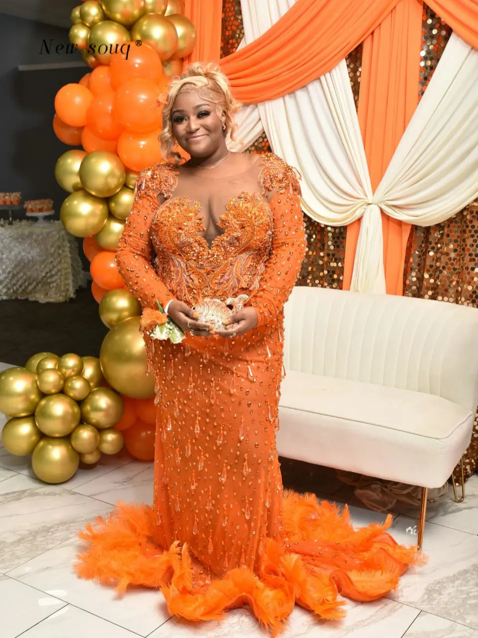 

African Feathers Orange Prom Dresses Plus Size Crystals Long Sleeve Mermaid Wedding Evening Gowns For Black Girls Customized