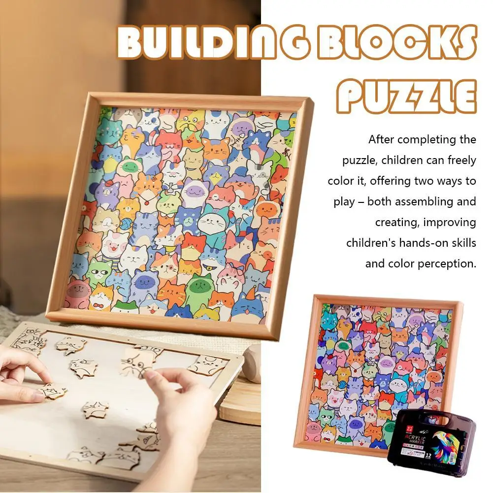 Cartoon Cute Kitten Wooden Puzzles Toys Creative Hand-painted DIY Assembly Toy Puzzle Christmas Gift