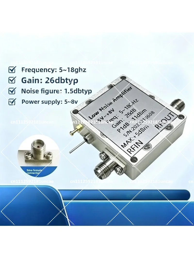 5-18GHz RF Low Noise Amplifier 26dB Gain 1.5dB Noise Figure Wideband Signal Booster