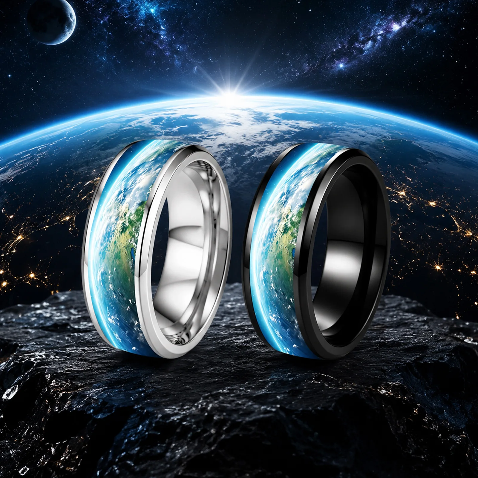 2Pcs/Set 8MM Earth Stainless Steel Rings Set Polished Wedding Band Unique Double Beveled Black And White Stainless Steel Ring