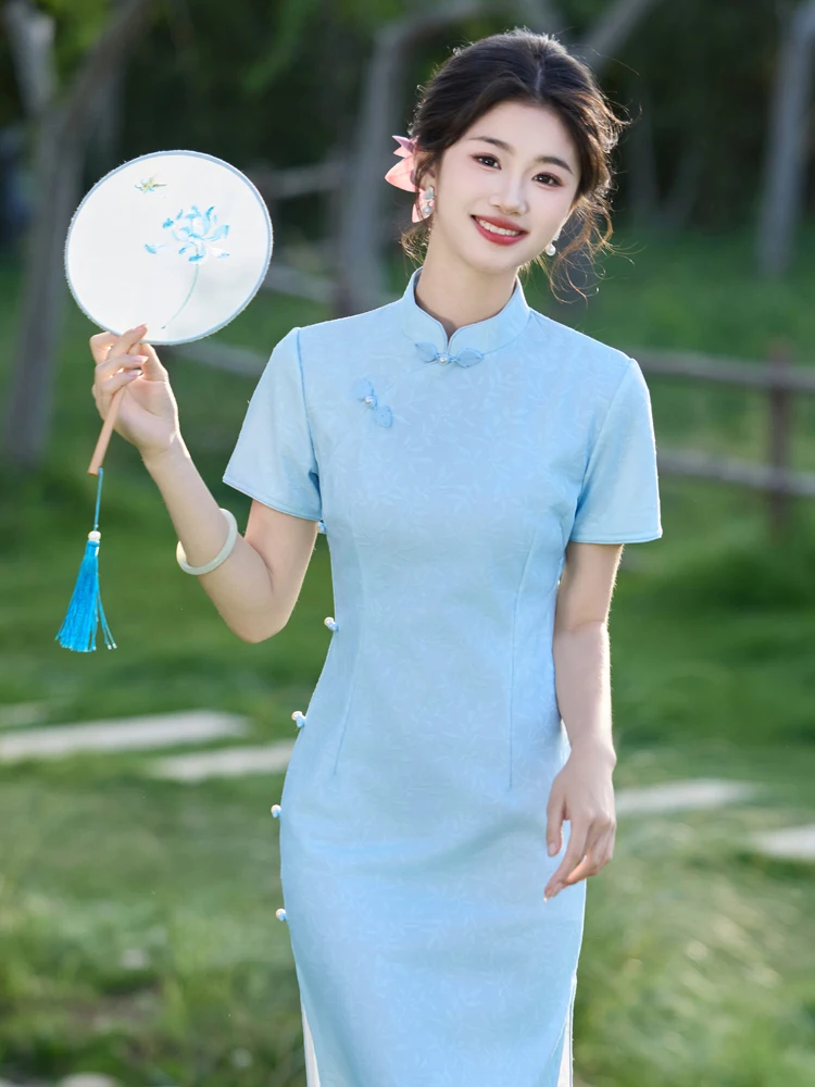 blue-young-style-lace-midi-dress-chinese-revival-low-slit-short-sleeve-pure-color-summer-new-arrival-for-teens