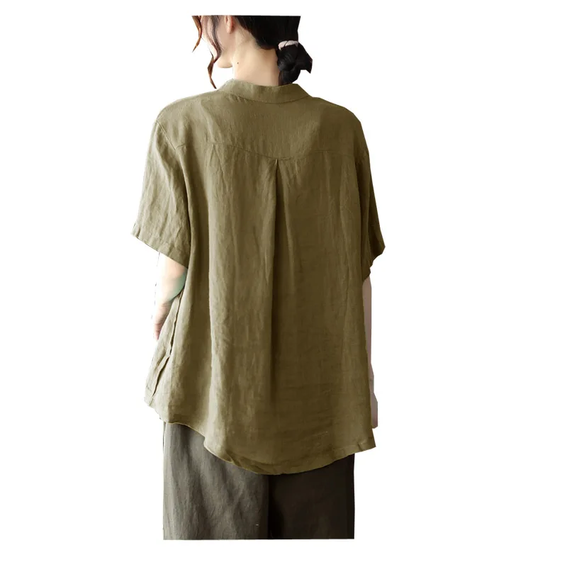 Original Design Linen Short-sleeved Shirt Women's Summer Loose Solid Color Draw Rope Swing Casual Everything Top Good quality