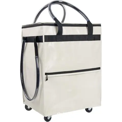 Reusable shopping bag with wheels, large capacity travel rolling tote bag, zipper closure, foldable handle, not easy to break