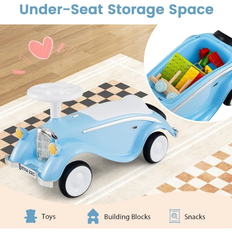 Ride On Push Car for Toddlers Retro Foot-to-Floor Sliding Car w/Steering Wheel Sound and Under Seat Storage No Batteries Ride O