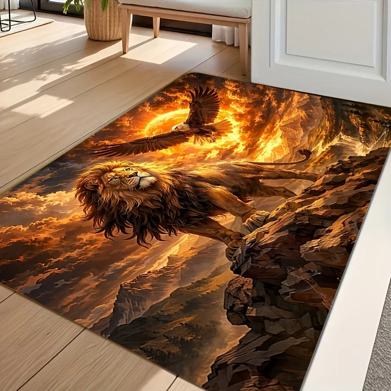 1pc 2D Flat Rectangular Floor Mat, Lion and Eagle Pattern Printed Rug, Home Decor, Suitable for Living Room, Bedroom, Kitchen