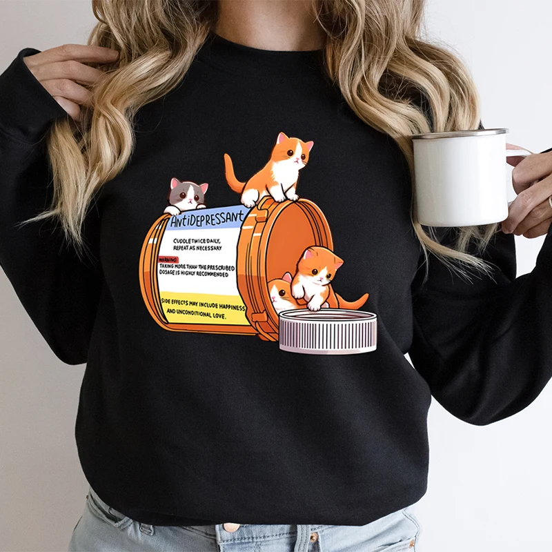 Antidepressant Cats Graphic Sweatshirts Women Cute Cat Lover Cartoon Classic Autumn Hoodies Funny Kittens Print Girls Clothing