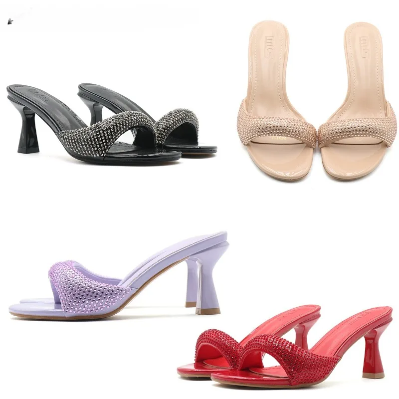 Designer Slippers Fashion Rhinestone High Heel Slipper Summer Open Toe Mules Slippers for Women Sexy Slingback High Heel Sandals