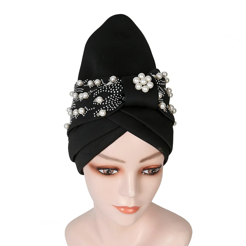 Pearls Beading African Turban Cap Female Head Wraps Muslim Headscarf Hijab Bonnet Auto Gele Headtie Nigerian Wedding Geles