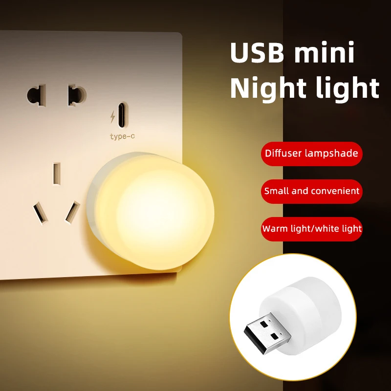 Tbelix Mini USB Night Light Warm White Eye Protection Book Reading Light USB Plug Computer Mobile Power Charging LED Night Lamp