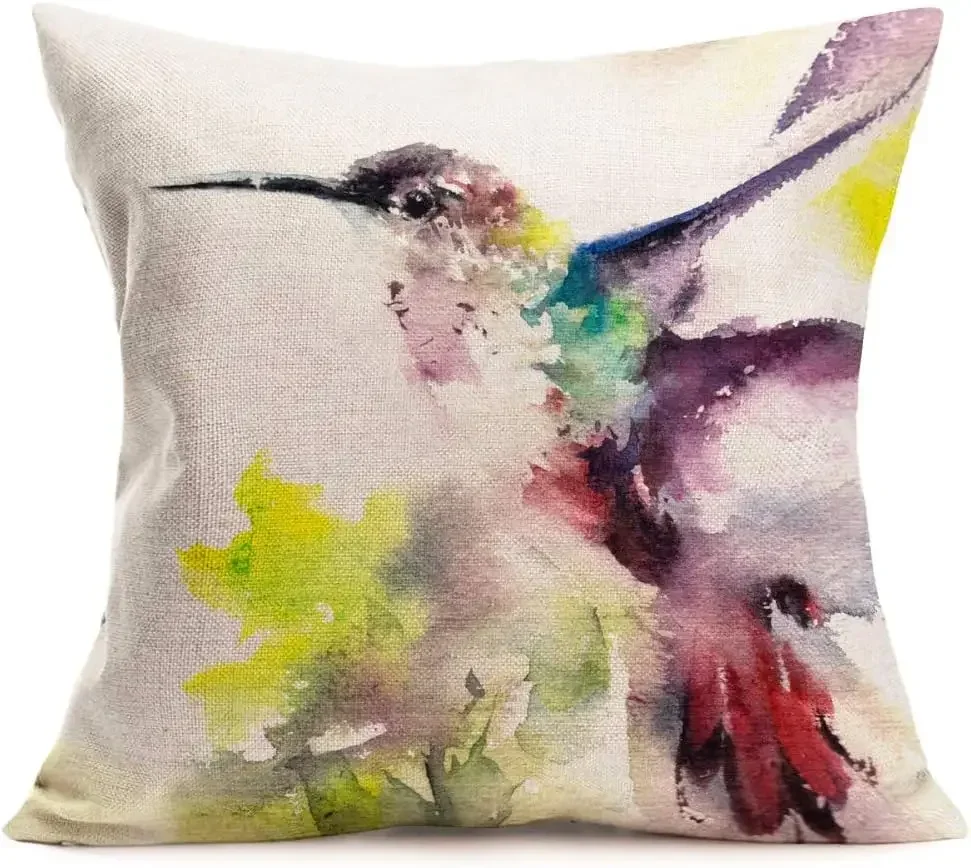 Linen Square Pillowcase Watercolor Hummingbird Natural Green Bird Cushion Cover Outdoor Decoration Home Decoration Bed Sofa