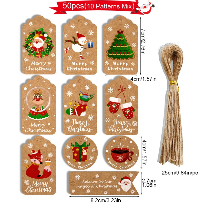 50szt Wesołych Świąt Kraft Paper with Strings Christmas Gift Tag Card Packaging Xmas tree Hanging Label Pendant Christmas Decor