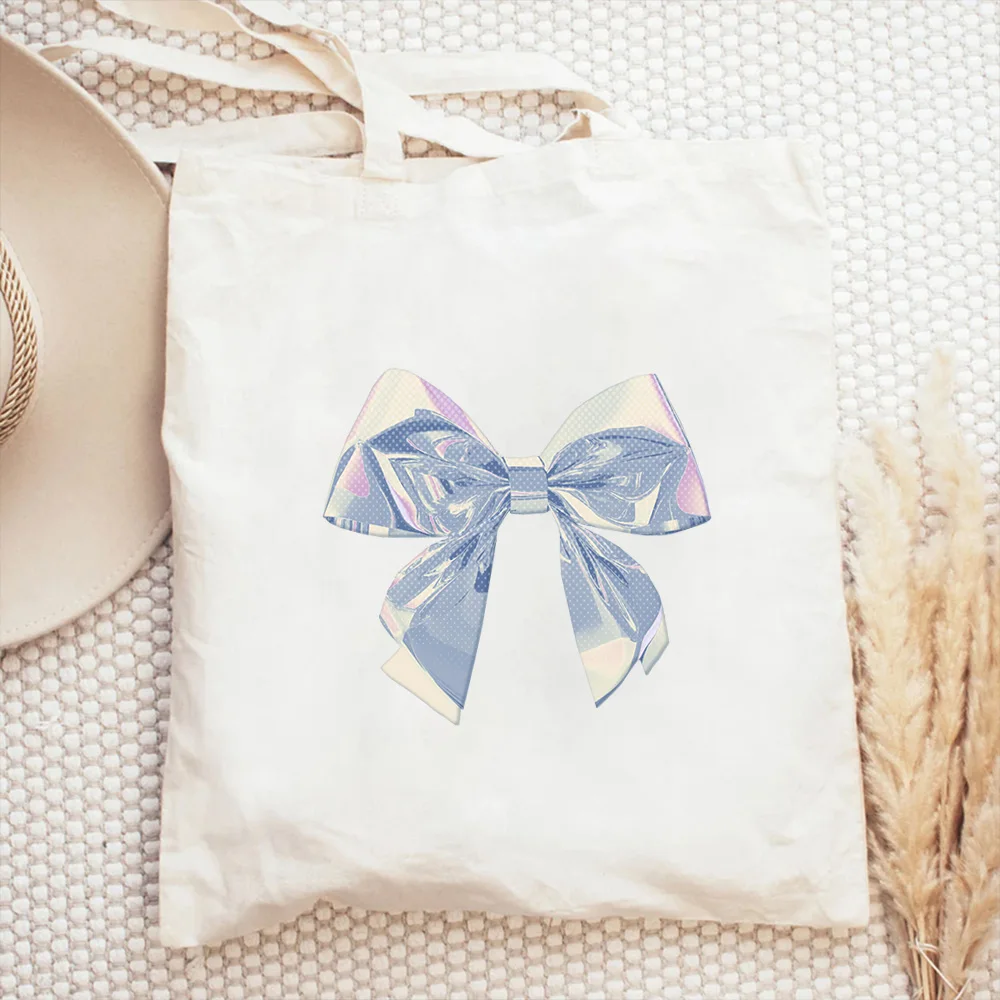 

White Ribbon Bow Print Canvas Tote Bag - Durable Reusable Shopping Bag, Spacious Handbag for Books, Files & Shopping