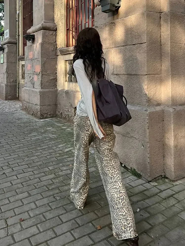 Deeptown American Leopard Wash Jeans Dames Y2K Vintage Gestapelde Jeans Beige High Street Oversized Hoge Taille Rechte Jeans Baggy