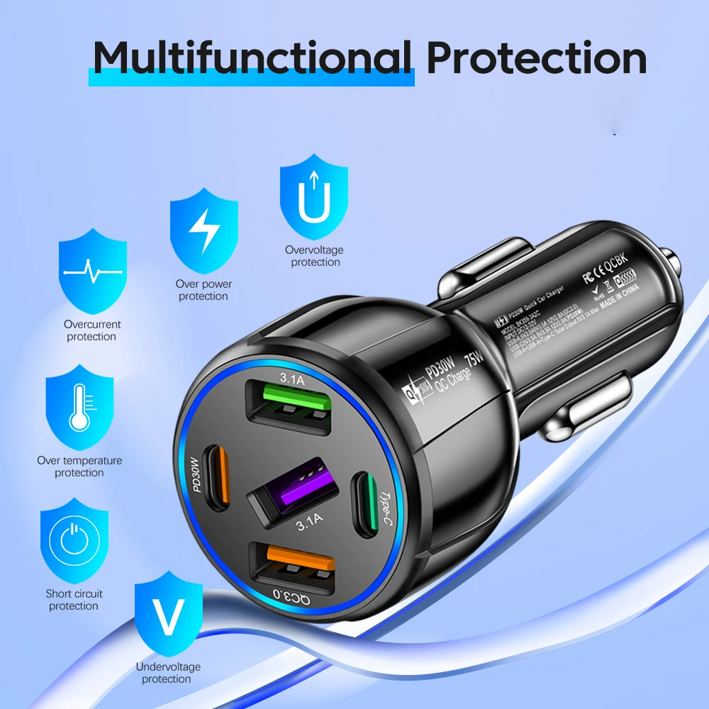 OLAF 5 Port 75W USB Car Chargers Type C Car Charger Fast Charging PD QC3.0 Phone Charger in Car For iPhone Xiaomi Huawei Samsung image 5
