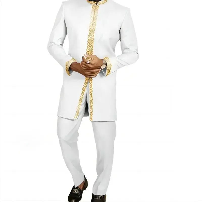 Conjunto superior e calças bordadas para homens, roupa africana, festa esbelta, baile, casual, fato bonito, clássico, elegante, moda, 2 peças