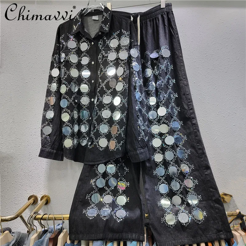 2025 Spring New Fashion Heavy Hot Diamond Sequined Denim Shirt Jacket High Waist Straight Denim Pant Sets Women's Two-piece Set