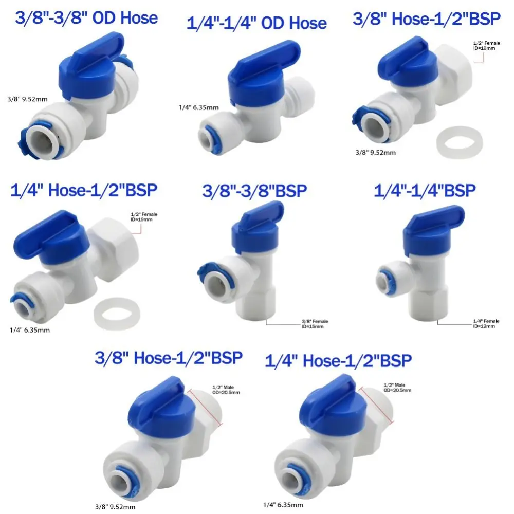 1 pz acqua diritta valvola a sfera in plastica maschio femmina filettatura 1/4 "3/8" OD tubo connettore rapido 1/4 "3/8" maschio 1/2 "femmina Reveser