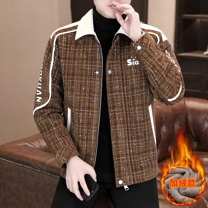 Fashion Men's Slim Fit Turn-Down Collar Fleece Liner Jackets 2026 Autumn Winter Youth Plush Coat High Streetwear Thick Top Parka