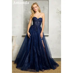 Amanda Navy Blue Strapless Prom Dress Shiny Lace Embroidery Vestidos De Fiesta Sweetheart Side Split Tulle Vestidos De Noche