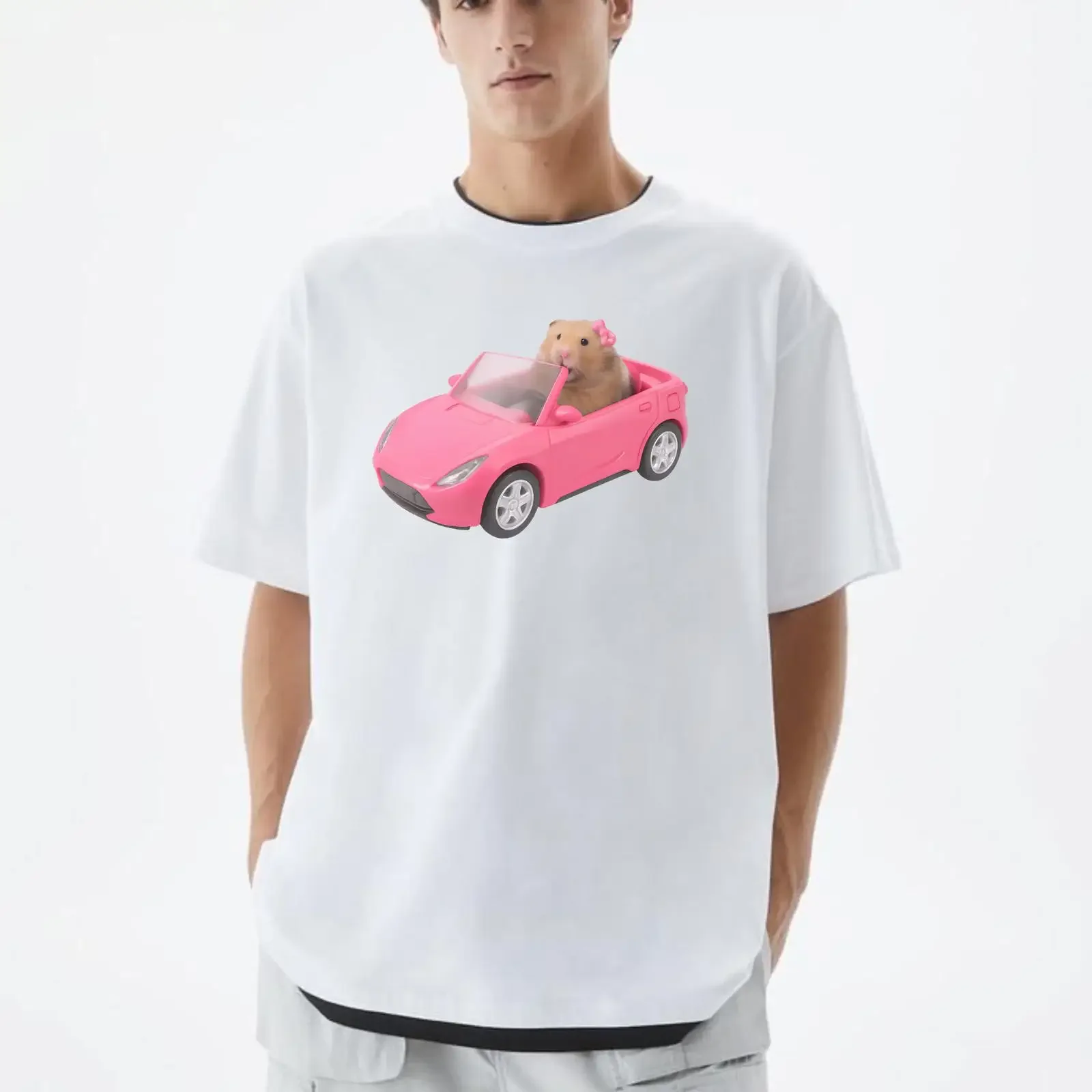 Funny Hamster Driving Pink Car T Shirt Cute Meme Anima 100 Cotton Novelty Top vintage Washed graphic homme designer clothes