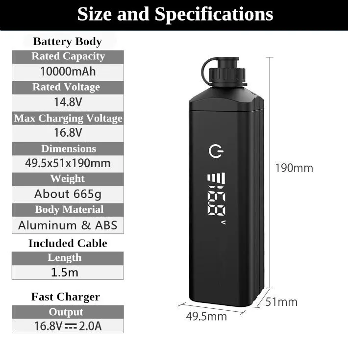 14.8V 10000mAh Fishing Reel Battery With Charger, Cable & Pouch - Compatible With //Ecooda, Battery Level Indicator