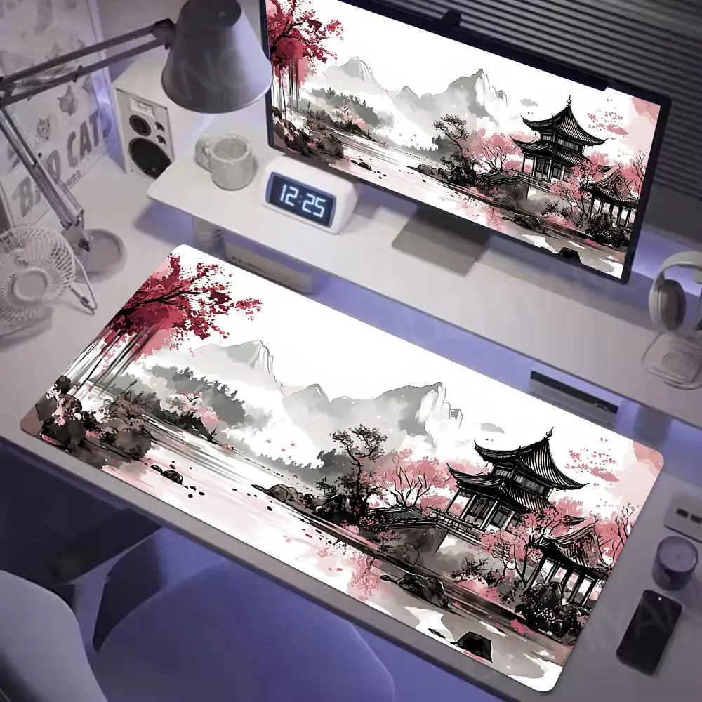 Chinese scenery Mouse Pad Large Gaming Office Stitched Edges and Non-Slip Rubber Base Extended Keyboard Mousepads Long Desk Mat