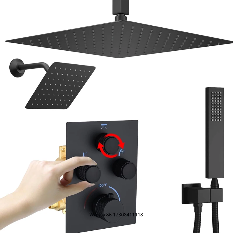 

Luxury Electric Four-Handle Square Shower Head Set with 16" Ceiling and 6" Wall-Mounted Rainfall Spray Stainless Steel Finish