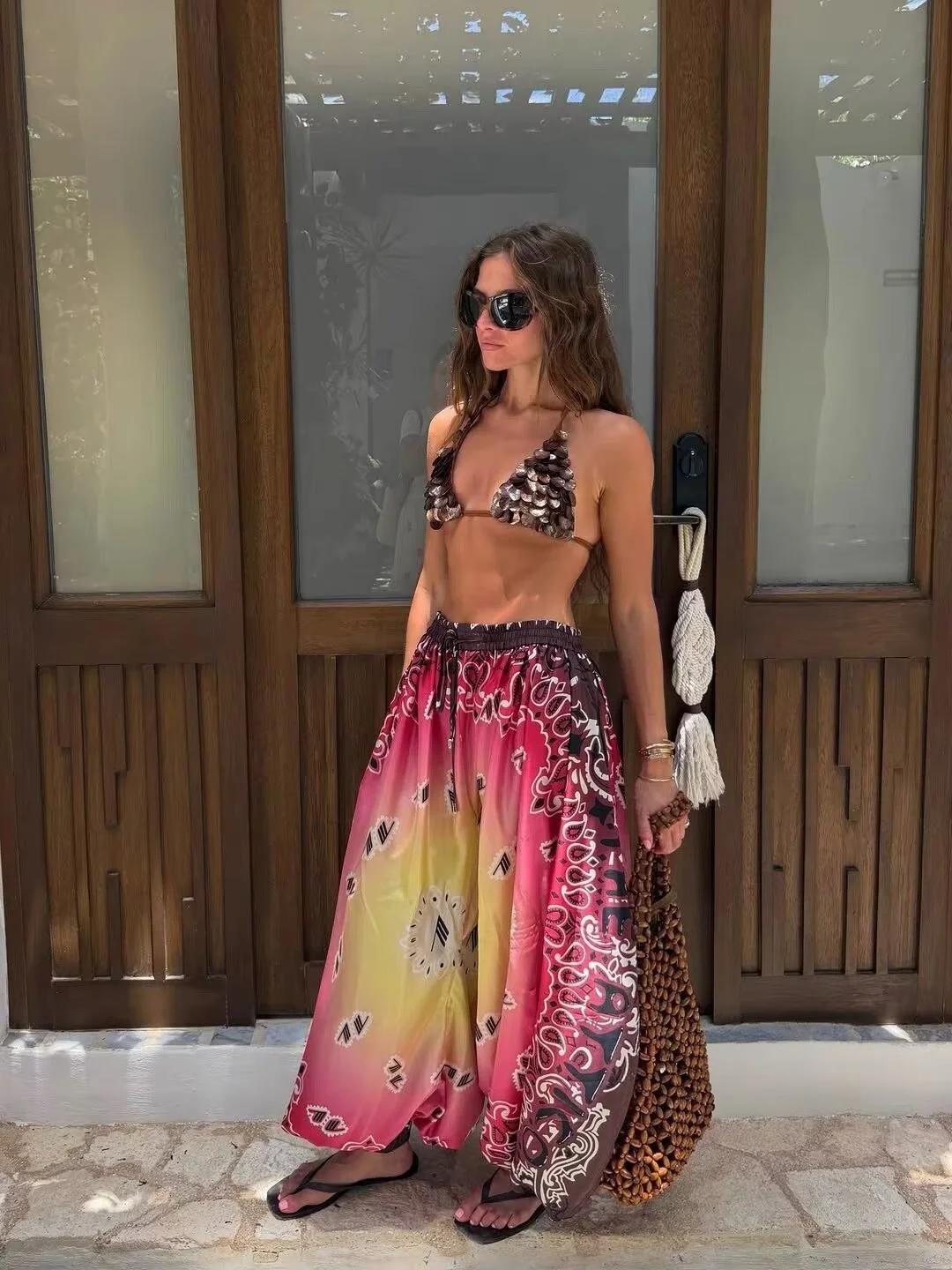 Floral Design Loose Casual Printed Color Block Versatile Lantern Pants High Waist Retro Style Women's Summer Fashion Trousers