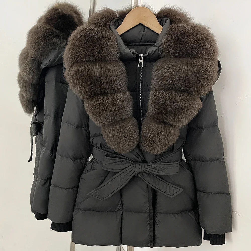OFTBUY Große Jacke mit Kapuze und natürlichem Pelzkragen, mit echtem Fell, dicker Gürtel, Reißverschluss, Daunenjacke, Damen-Wintermantel – Detail 14